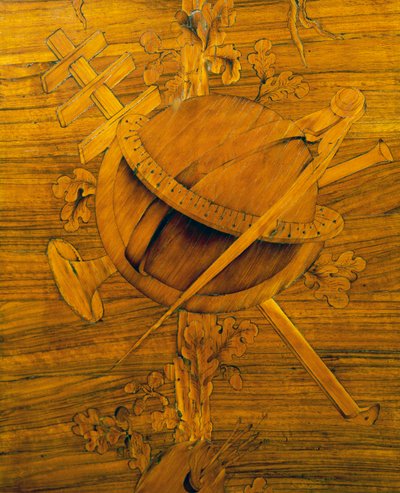 Meetinstrumenten, centraal deel van inleg op hoekkast met enkele grote deur, door Giovanni Maffezzoli (1779-1818), leerling van Giuseppe Maggiolini, gesigneerd en gedateerd 1798, Italië door Giovanni Maffezzoli