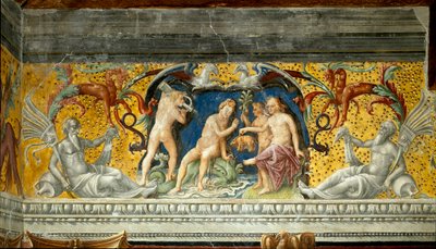 Een mariene godheid wordt een klein everzwijn aangeboden (detail) van een fries toegeschreven aan Giovanni Maria Falconetto, ca. 1520, Mantua, Palazzo d
