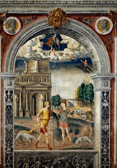 Teken van de dierenriem: “Waterman” Boven medaillons met portretten van keizers Septimius Severus en Pescennius Niger, zijn rivaal. Hieronder, legende geassocieerd met de geboorte van het sterrenbeeld dat overeenkomt met het teken: de godin Diana met een j door Giovanni Maria Falconetto