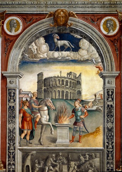 Teken van de dierenriem: “De ram” Boven medaillons met portretten van Julius Caesar en Augustus. Hieronder, legende geassocieerd met de geboorte van het sterrenbeeld dat overeenkomt met het teken: Caius Mucius Scaevola, geïntroduceerd in het vijandelijke k door Giovanni Maria Falconetto