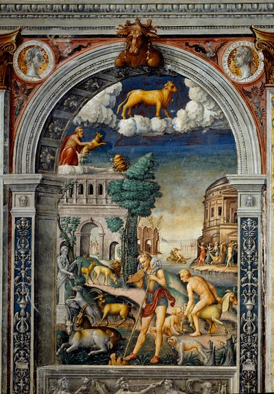 Teken van de dierenriem: “De stier” Boven medaillons met portretten van Tiberius en Caligula. Hieronder, legende geassocieerd met de geboorte van het sterrenbeeld dat overeenkomt met het teken: de god Pan die fluit speelt. Links legt een geit een jong neer door Giovanni Maria Falconetto