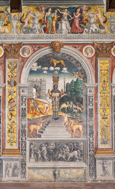 Het astrologische teken Leeuw met Diana, twee herten en een sater zoals op een sarcofaag in Bleinhaim Paleis; op de achtergrond de Arco degli Argentari in Rome en Hercules die vecht tegen de Nemeïsche leeuw, Kamer van de Dierenriem door Giovanni Maria Falconetto