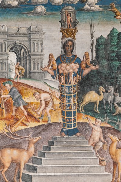 Het astrologische teken van Leeuw met Diana, twee herten en een sater zoals op een sarcofaag in het Bleinhaim Paleis; op de achtergrond de Arco degli Argentari in Rome en Hercules die vecht tegen de Nemeïsche leeuw, Kamer van de Dierenriem (Camera dello Zo door Giovanni Maria Falconetto