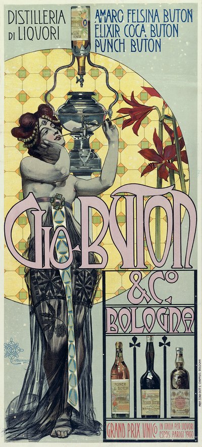 Reclameposter van de likeurstokerij Gio Buton en C Bologna door Giovanni Maria Mataloni