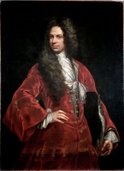 Portret van een heer in rood kostuum door Giovanni Maria delle called Mulinaretto Piane