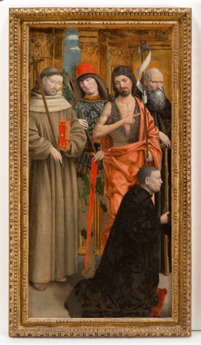 Heiligen Franciscus van Assisi, Sebastiaan, Johannes de Doper, Antonius Abt met de schenker door Giovanni Martino Spanzotti