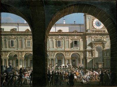 Domenico Pino spreekt tot de menigte op het Mercanti-plein in Milaan, 21 april 1814 door Giovanni Migliara