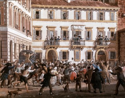Generaal Domenico Pino spreekt opstandelingen toe op het Teatro dei Filodrammatici-plein in Milaan op 20/04/1811 door Giovanni Migliara