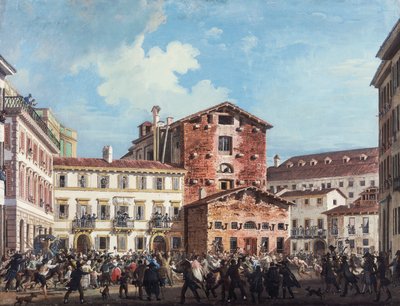 Milaan, woedende menigte valt huis van minister van Financiën Giuseppe Prina aan, 20 april door Giovanni Migliara