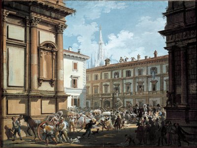 Milanese burgers plunderen het huis van Giuseppe Prina ten tijde van de val van Napoleon I in 1814 (olie op doek) door Giovanni Migliara