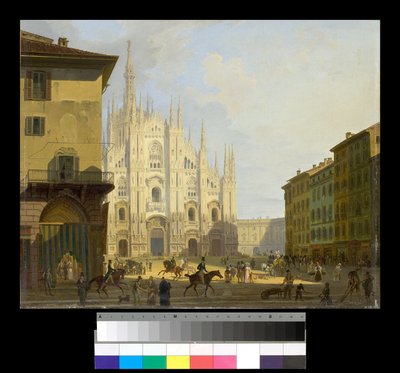 Uitzicht op Piazza Duomo in Milaan, 1819-28 door Giovanni Migliara