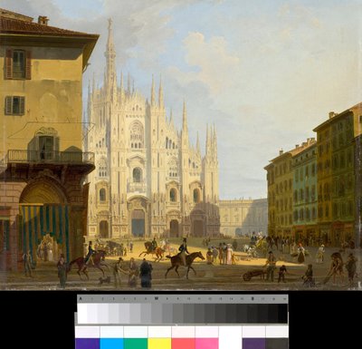 Uitzicht op Piazza Duomo in Milaan, Italië (Kathedraalplein in Milaan) Schilderij door Giovanni Migliara (1785-1837) 1828 Privécollectie door Giovanni Migliara