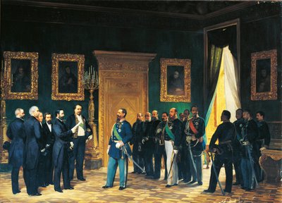Tweede Onafhankelijkheidsoorlog - Victor Emmanuel van Savoye ontvangt Toscaanse gezanten met het Decreet van de Annexatie van Toscane bij het Italiaanse Koninkrijk door Giovanni Mochi