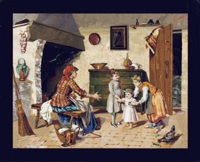 Picturale plaat met afbeelding van een cottage-interieur met moeder, twee jonge meisjes en een baby die haar eerste stapjes zet, Florence, c.1900-10 door Giovanni Montelatici