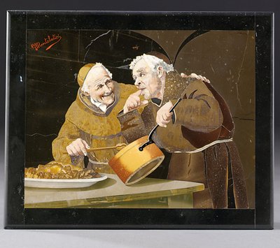 Plaquette met twee monniken die voedsel testen binnen een zwarte rand, Florence, begin 20e eeuw door Giovanni Montelatici