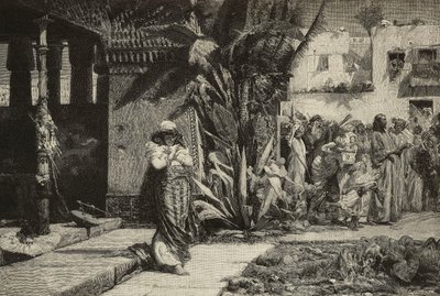 Magdalena, vrouw met tulband en processie in Midden-Oosters dorp, gravure door Cantagalli broers naar schilderij van Giovanni Muzzioli (1854-1894), Modena, Italië uit L