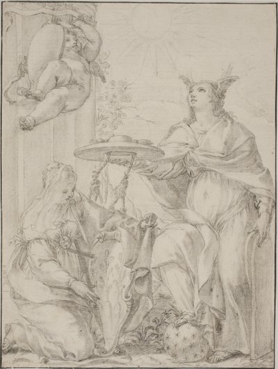 Allegorie met twee vrouwelijke figuren, een die het geloof vertegenwoordigt en een wapenschild vasthoudt door Giovanni Odazzi