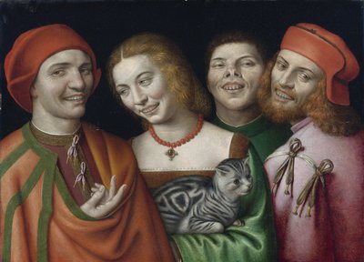 Portret van drie mannen en een vrouw met een kat door Giovanni Paolo Lomazzo