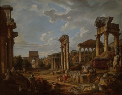 Een Capriccio van het Romeinse Forum door Giovanni Paolo Panini