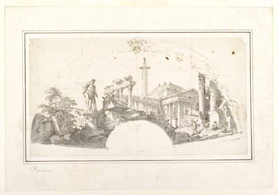 Ontwerp voor een waaier: Capriccio met Romeinse ruïnes en de Farnese Hercules door Giovanni Paolo Panini