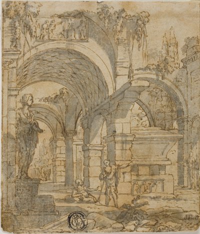 Romeinse ruïnes en twee figuren door Giovanni Paolo Panini