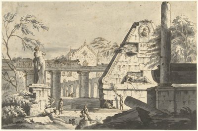 Landschap met antieke ruïnes van gebouwen en beelden door Giovanni Paolo Pannini (possibly)