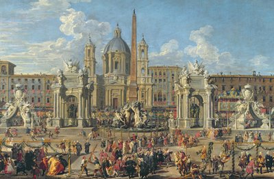 Voorbereiding voor het vuurwerk op Piazza Navona, Rome, ter viering van de geboorte van de Dauphin, 1729 (detail) door Giovanni Paolo Pannini