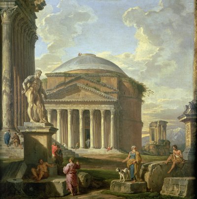 Uitzicht op het Pantheon, de Farnese Hercules en andere Romeinse Ruïnes door Giovanni Paolo Pannini
