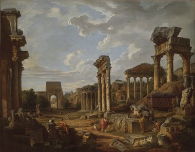 Een Capriccio van het Forum Romanum door Giovanni Paolo Pannini