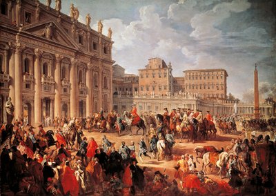 Karel III bezoekt de Sint-Pietersbasiliek, Rome door Giovanni Paolo Pannini
