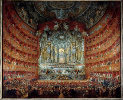 Concert gegeven in het theater Argentina in Rome op 15 juli 1747 ter gelegenheid van het huwelijk van de dauphin Louis de France (1729-1765), zoon van Lodewijk XV, met Marie Josephe van Saksen. Schilderij door Giovanni Paolo Pannini (Panini) (1691-1765) door Giovanni Paolo Pannini