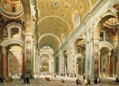 Interieur van de Sint-Pietersbasiliek in Rome, kijkend naar het westen richting het graf van St. Peter door Giovanni Paolo Pannini