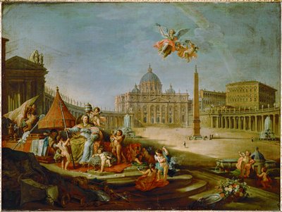 Het Sint-Pietersplein met de allegorie van de triomf van het pausdom ... door Giovanni Paolo Pannini or Panini