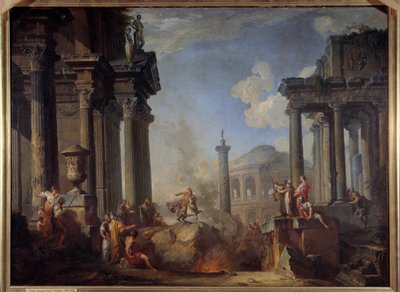 Marcus Curtius werpt zichzelf in de kloof. door Giovanni Paolo Pannini