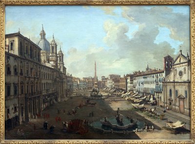 Piazza Navona in Rome met de fontein van Neptunus op de voorgrond door Giovanni Paolo Pannini