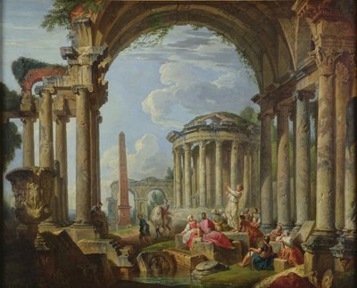 Prediking tussen de oude ruïnes, c.1740-50 door Giovanni Paolo Pannini