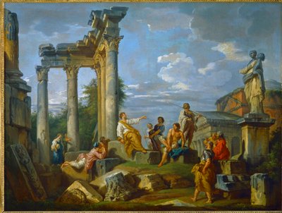 Roofdier te midden van ruïnes in Rome verrijkt met figuren, met het Pantheon en het standbeeld van Flora ... (schilderij op doek) door Giovanni Paolo Pannini or Panini