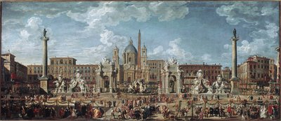 Voorbereidingen voor het vuurwerk en de versieringen van het feest in Rome ter viering van de geboorte van de dauphin van Frankrijk door Giovanni Paolo Pannini
