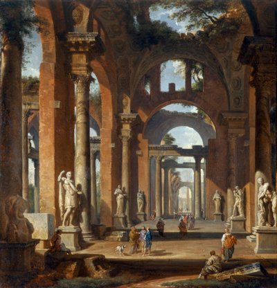 Beelden in een Verwoeste Arcade door Giovanni Paolo Pannini