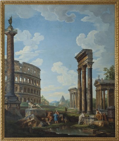 Een capriccio met figuren in Romeinse ruïnes door Giovanni Paolo Pannini