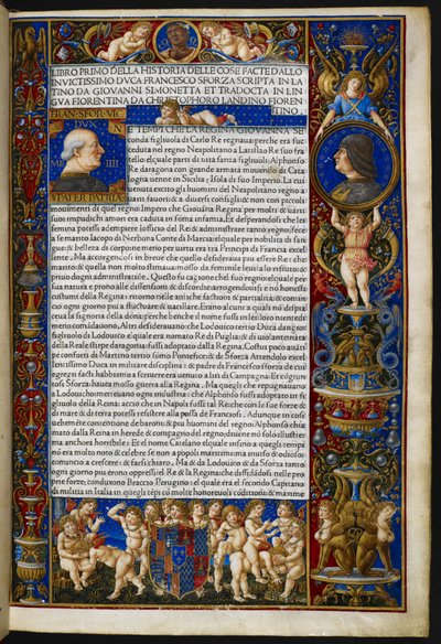 Frontispice, uit Giovanni Simonetta, Historia delle cose facte dallo invictissimo duca Francesco Sforza [c.d. Sforziade], Milano, Antonio Zarotto door Giovanni Pietro Birago