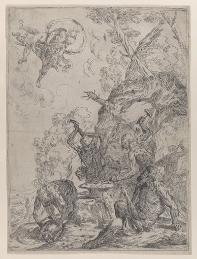 De smidse van Vulcanus met smeden die een aambeeld slaan met hamers..., 1640-59 door Giovanni Pietro Possenti