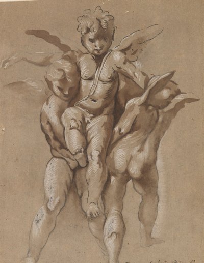 Twee Putti die een Derde Putti Dragen (recto); Een Jongeling met een Staf (verso) door Giovanni Pietro Possenti