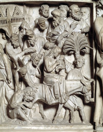 Detail van de reliëfs van de Stoel gemaakt door Giovanni Pisano (1248-1314): Detail van de reliëfs van de marmeren preekstoel, vlucht naar Egypte door Giovanni Pisano
