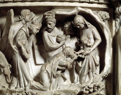 Detail van de reliëfs van de Stoel gemaakt door Giovanni Pisano (1248-1314): Detail van de reliëfs van de marmeren preekstoel, de aanbidding van de wijzen door Giovanni Pisano