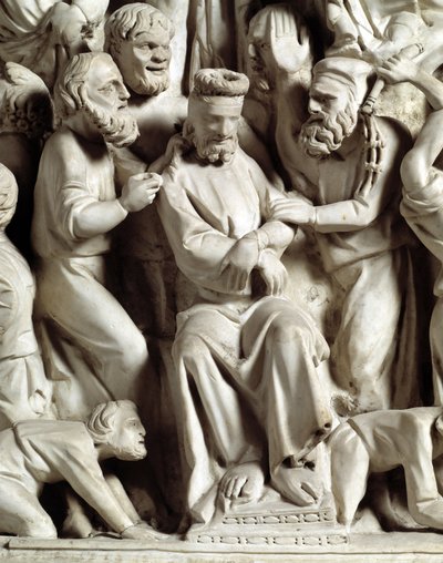 Detail van de reliëfs van de stoel door Giovanni Pisano: Jezus bespot (detail) door Giovanni Pisano