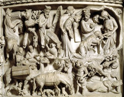 Detail van de reliëfs van de preekstoel gerealiseerd door Giovanni Pisano (1248-1314): de reis en de aanbidding van de wijzen (Detail van de reliëfs van de marmeren preekstoel, de reis en de aanbidding van de wijzen) 1302-1311 Kathedraal van Pisa (Duomo di door Giovanni Pisano