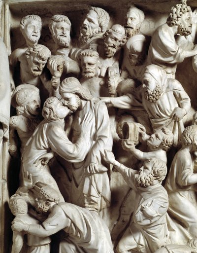 Detail van de reliëfs van de stoel door Giovanni Pisano: de kus van Judas (detail) door Giovanni Pisano