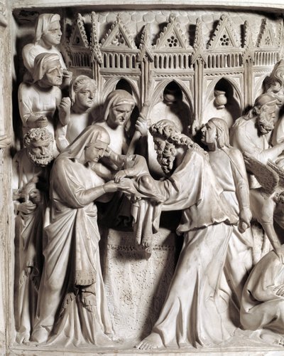 Detail van de reliëfs van de preekstoel gerealiseerd door Giovanni Pisano (1248-1314): de presentatie van Jezus in de tempel (Detail van de reliëfs van de marmeren preekstoel) 1302-1311 Kathedraal van Pisa (Duomo di Pisa), Italië door Giovanni Pisano