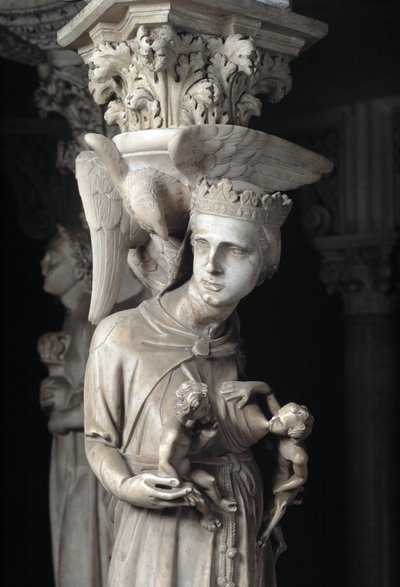 Detail van de gebeeldhouwde groepen die de stoel ondersteunen, gemaakt door Giovanni Pisano: de Kerk voedt haar kinderen (detail) door Giovanni Pisano